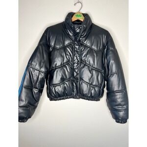 Zara Faux Leather Puffer Jacket Cropped Black High Neck Size S